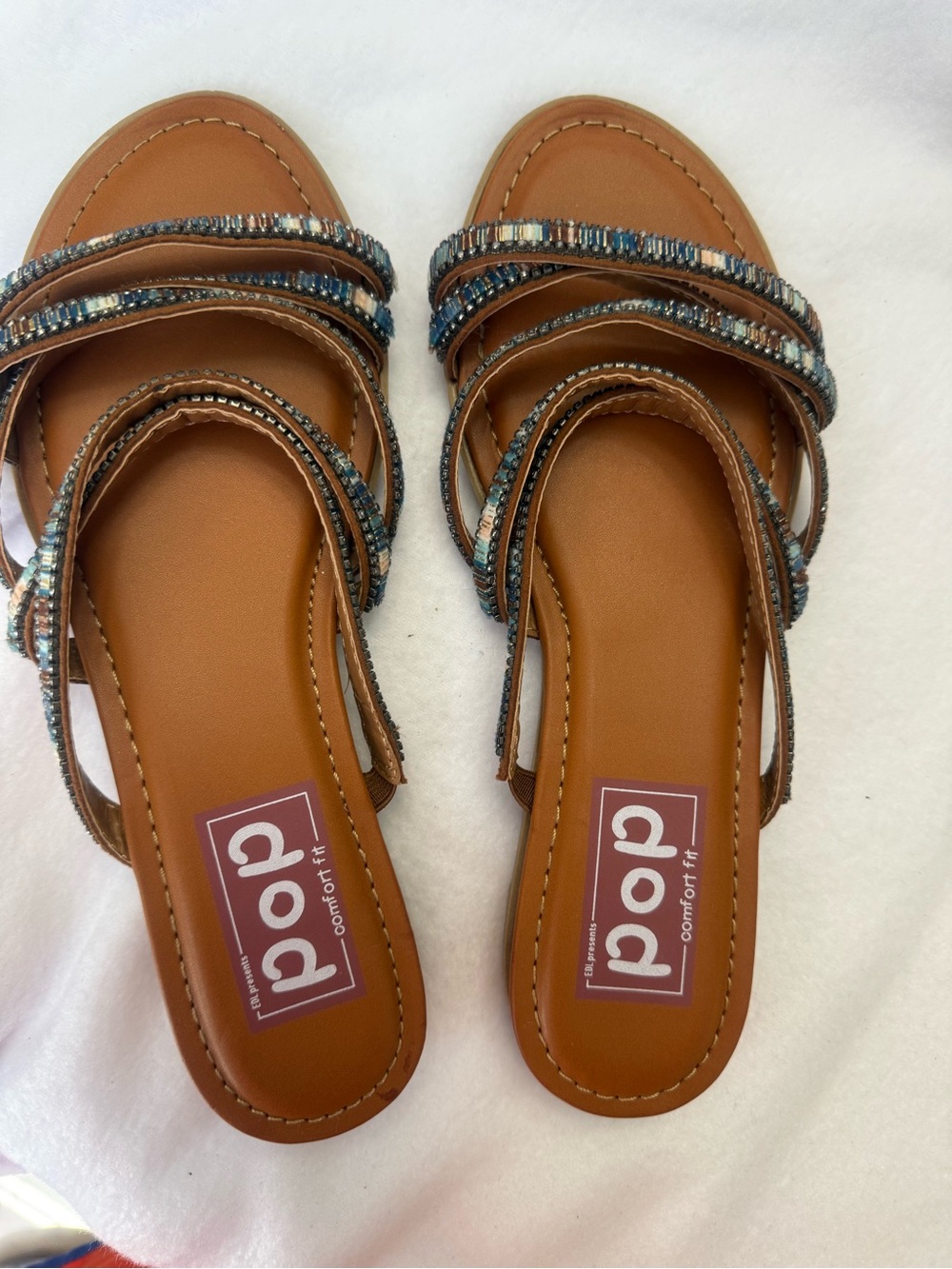 Dop Comfort Fit Tan Beaded Strap Women's Slide Sandals